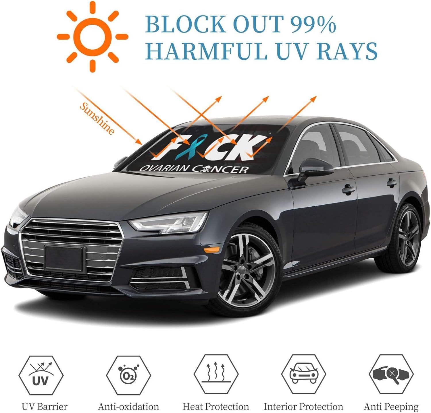 Ovarian Cancer Warrior Aweareness Ribbon Foldable Car Windshield Sunshade Blocks Heat and Sun Glare Uv Rays