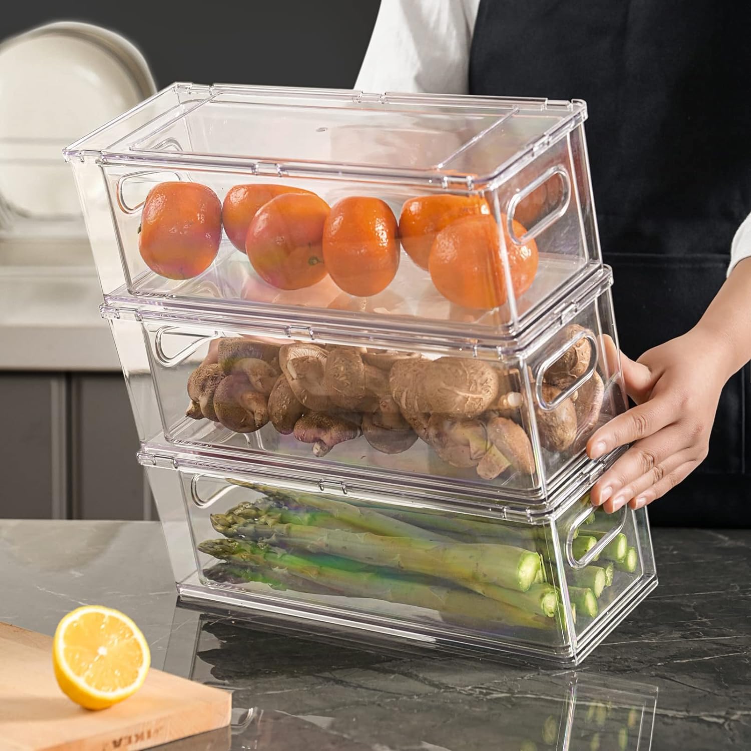 Organizer trasparente per frigorifero cassetti estraibili per armadio da cucina Organizzazione impilabile Frigorifero Organizzatore Bidoni con maniglia Diviso Produce Saver Container per frutta