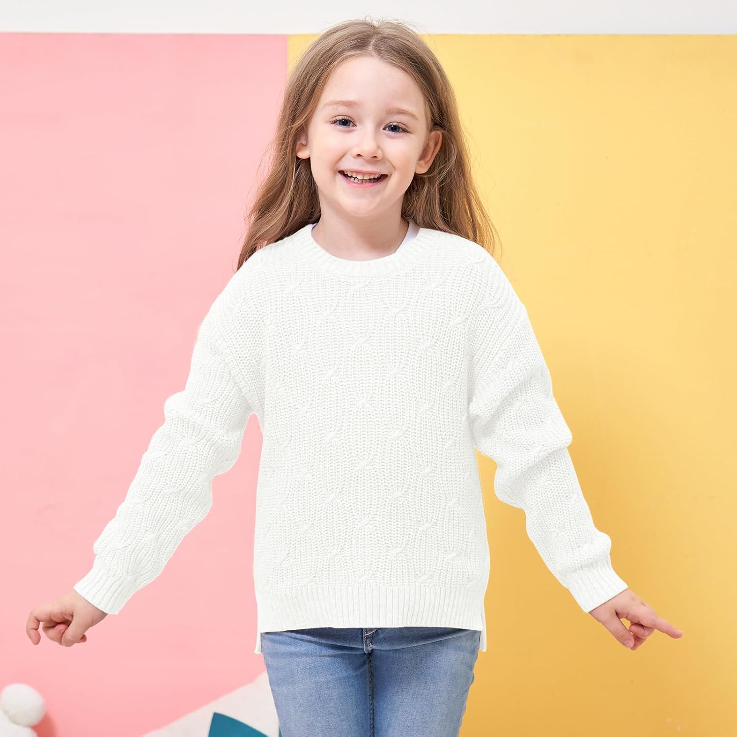 Girls Sweaters Crewneck Long Sleeve Pullover Jumper Cotton Fall Chunky Fancy Cable Knit Sweater with Side Slit - Image 2