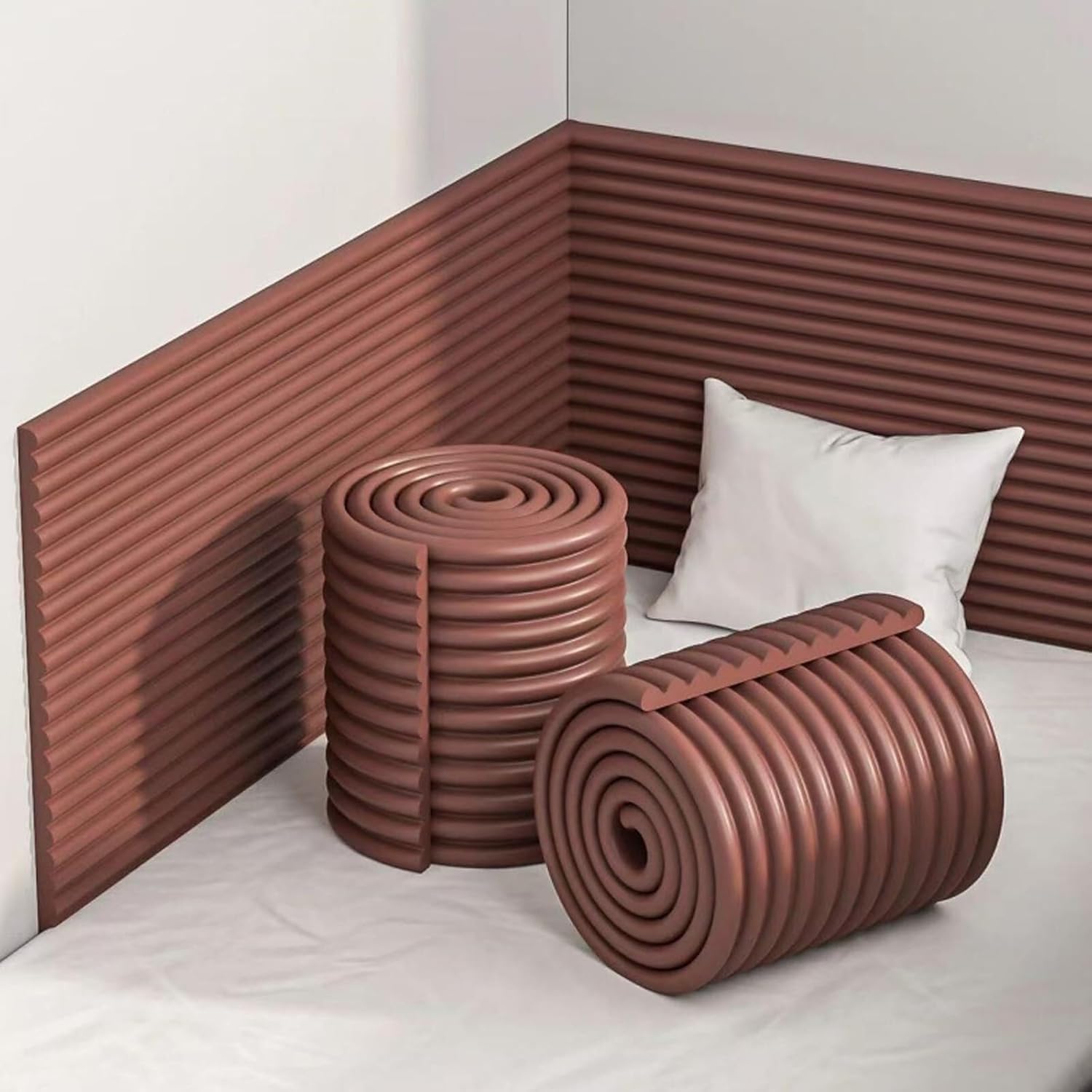 3D Wall Padding Panels - Self-Adhesive Peel & Stick Safety Cushions for Bedroom, Nursery & Gym - Anti-Collision Foam Protection (Brown, 15x200cm/5.9x78.7in)