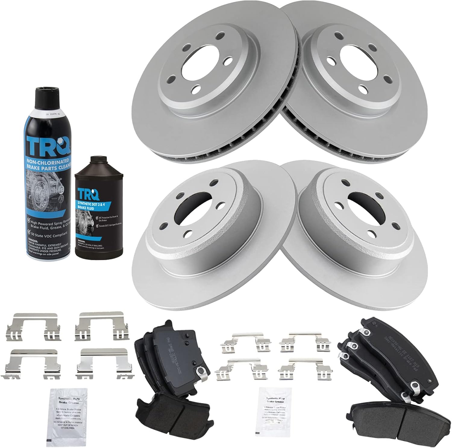 TRQ Front & Rear Premium Metallic Brake Pad & Coated Rotor Kit w/Fluids Compatible with 2005-2017 Chrysler 300 2009-2010 Dodge Challenger 2006-2018 Charger 2005-2008 Magnum