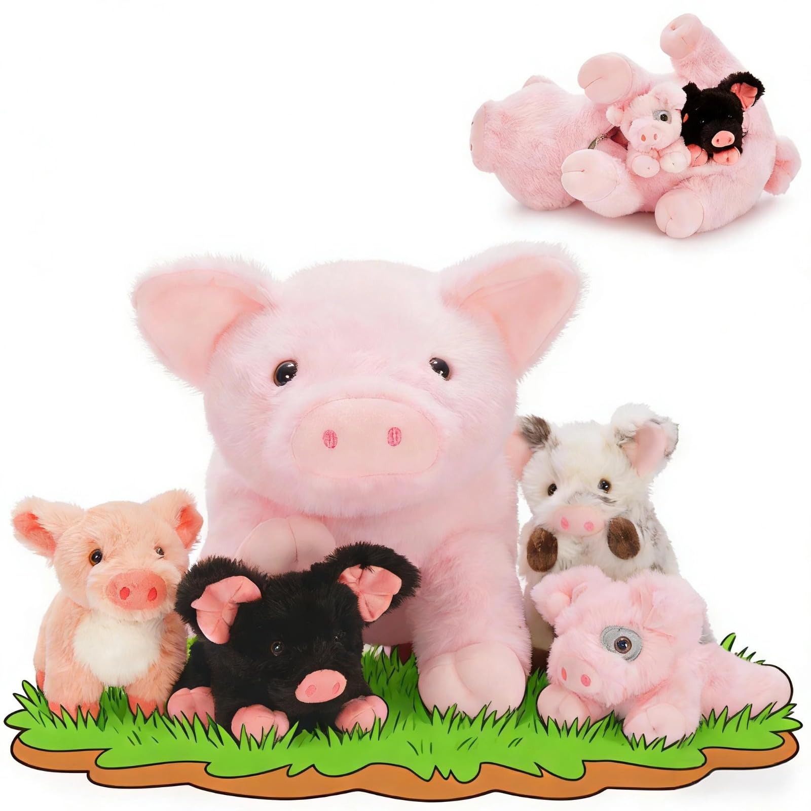 5 Pcs Pig Stuffed Animal Set, 16 Inch Mommy Pig Plush with 4 Babies