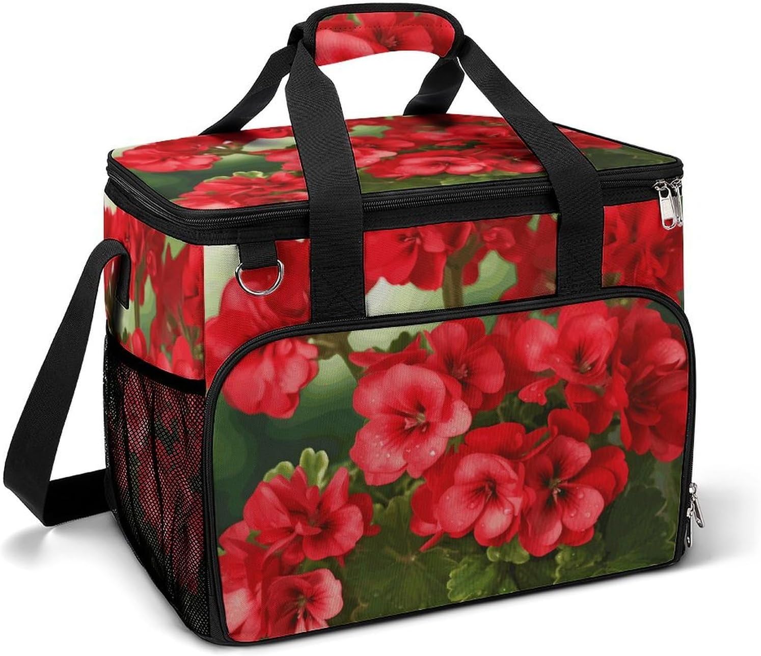 Large Capacity Oxford Cloth Red Geraniums Printed Camping Ice Bag, Outdoor Portable Insulation and Cooling Bag, Suitable for Outdoor Camping and Picnics