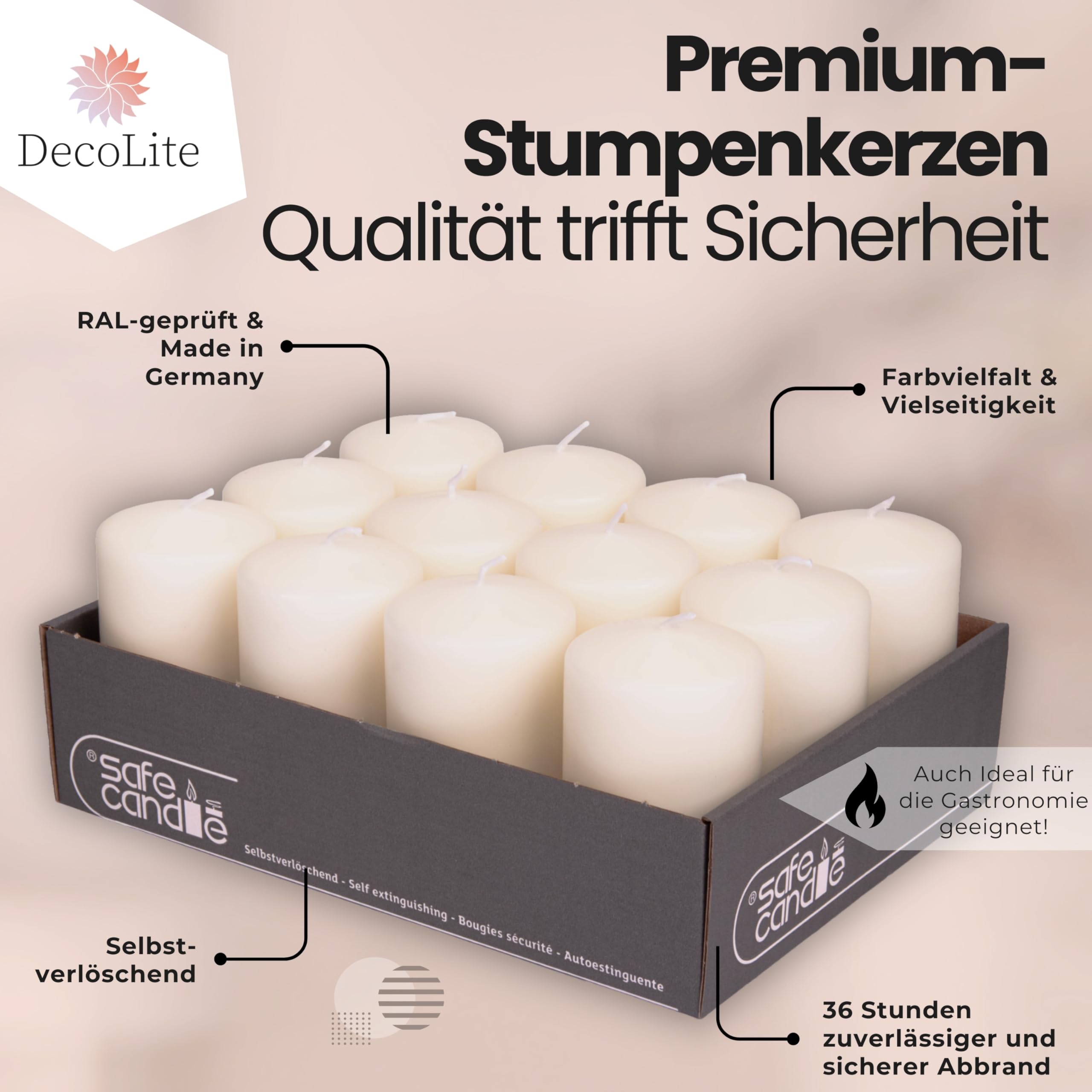 Velas de pilar (12 unidades, 100/60 mm, autoextinguibles, con certificación RAL, 36 horas de combustión, 100% fabricadas en Alemania, de Wenceslao), color blanco