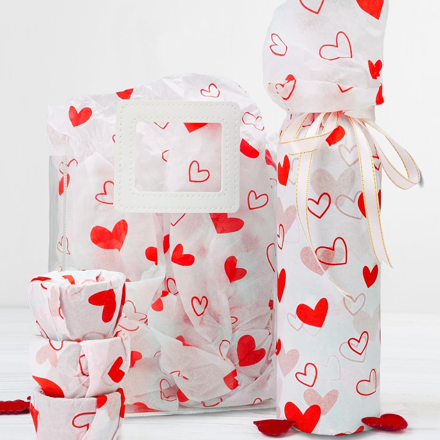 MR FIVE 100 Sheets White with Red Heart Tissue Paper Bulk,20" x 14",Red Hearts Design Tissue Paper for Gift Bags,Birthday,Valentine's,Mother's Day,Weddings (White with Red)