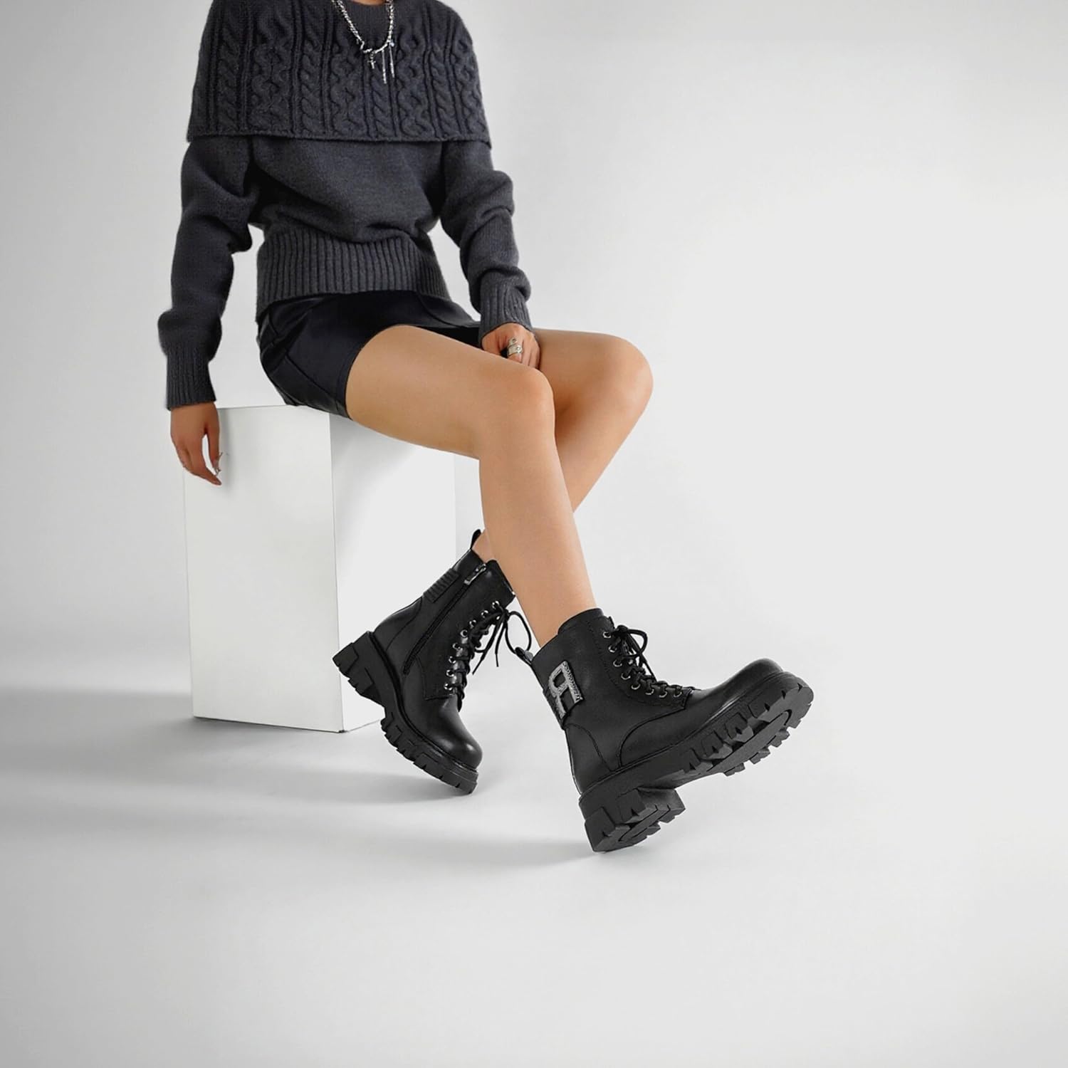 Womens Combat Boots for Women Black Ankle Booties Fashion Buckle Motorcycle Goth Chunky Heel - Image 9