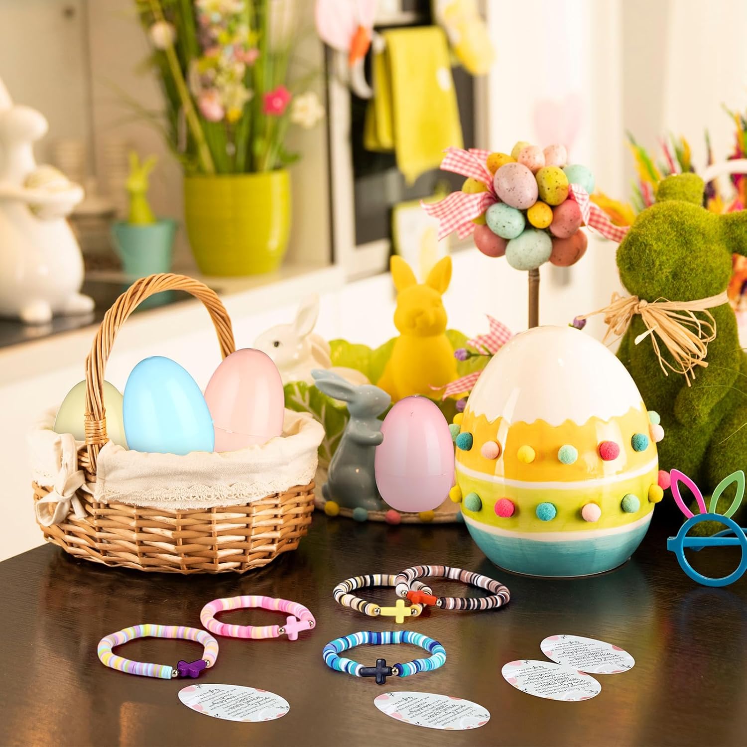 Landical 36 Sets Religious Easter Eggs Fillers Christian Empty Eggs with Colorful Cross Bracelets Prayer Cards Resurrection Christian Easter Decor for Basket Stuffers Party Favors