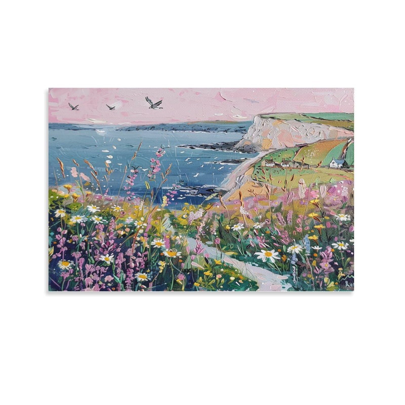 Euumkoo Unframed Seaside Cliff Landscape Canvas Wall Art, Coastal Ocean Beach Flowers Picture Painting On Canvas, Print Poster Decoration Artwork For Home Living Room Bedroom Wall Decor Unframe 08X12inch(20X30cm)