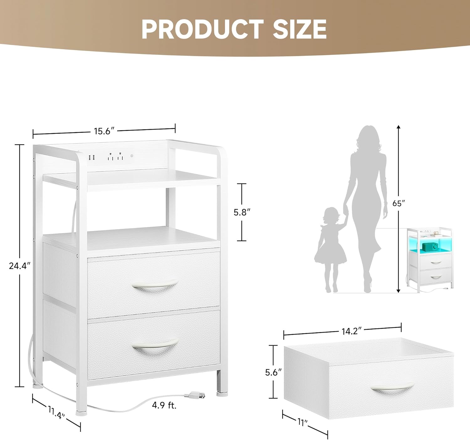 Night Stand Bedside Table Bedroom - White Nightstand with Charging Station & LED Light Strip, Morden Bed Side End Table with Storage Shelf & 2 Fabric Drawers, U-S-B Ports & AC Outlets