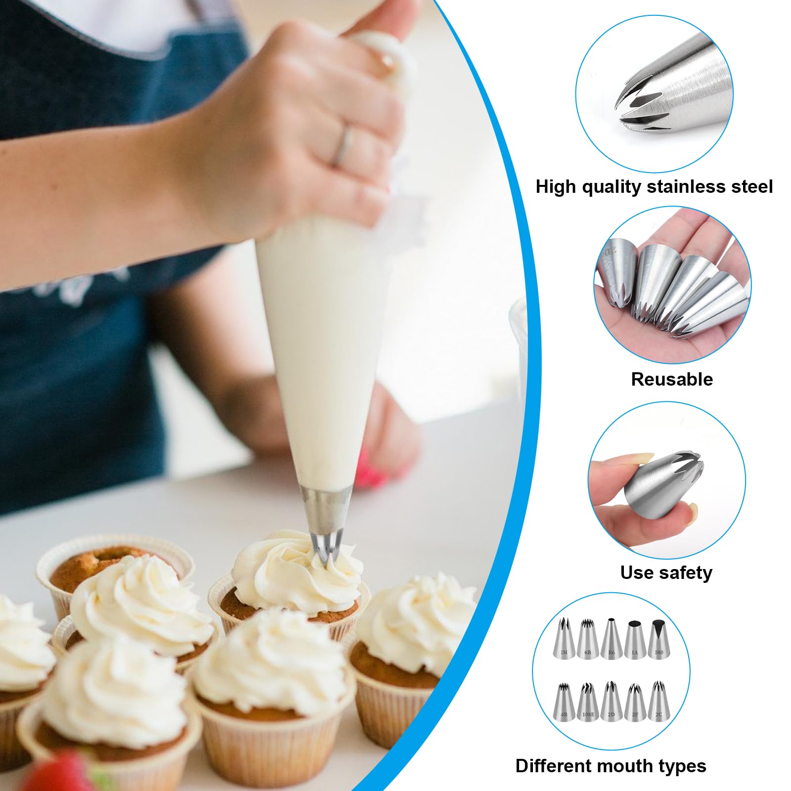 Douille Patisserie Professionnelle Compatible Poche à Douille, 10 PCS Grosse Douille Cannelée Décorer Gâteaux Cupcakes