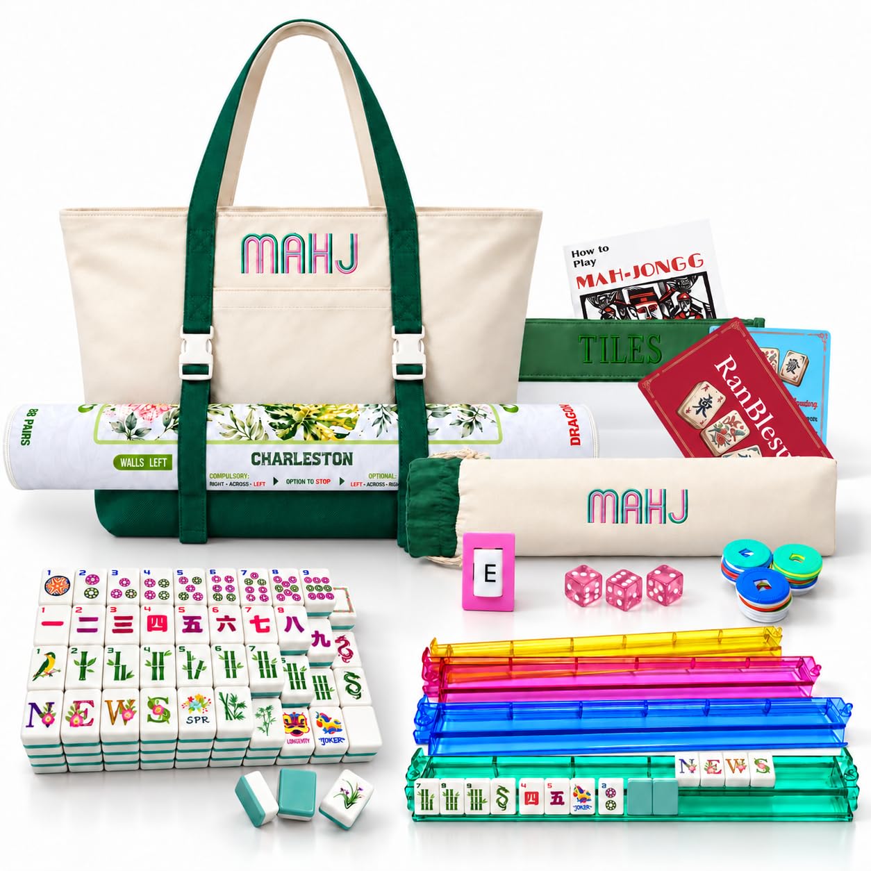 American Mahjong Set con 166 Piastrelle, Mahjong Mat, 4 Colori Mahjong Rack
