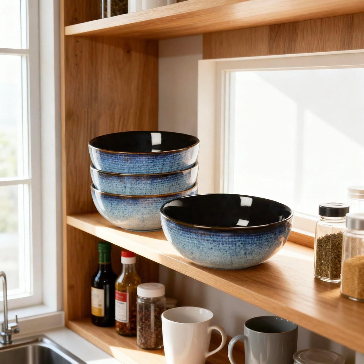 13.6 oz Ceramic Serving Bowls Set of 4, Microwave & Dishwasher Safe Soup Bowls, for Ramen, Cereal, Salad, Pasta, Rice, Oatmeal, Asian Cuisine & Kitchen Use, Blue, 5 Inch