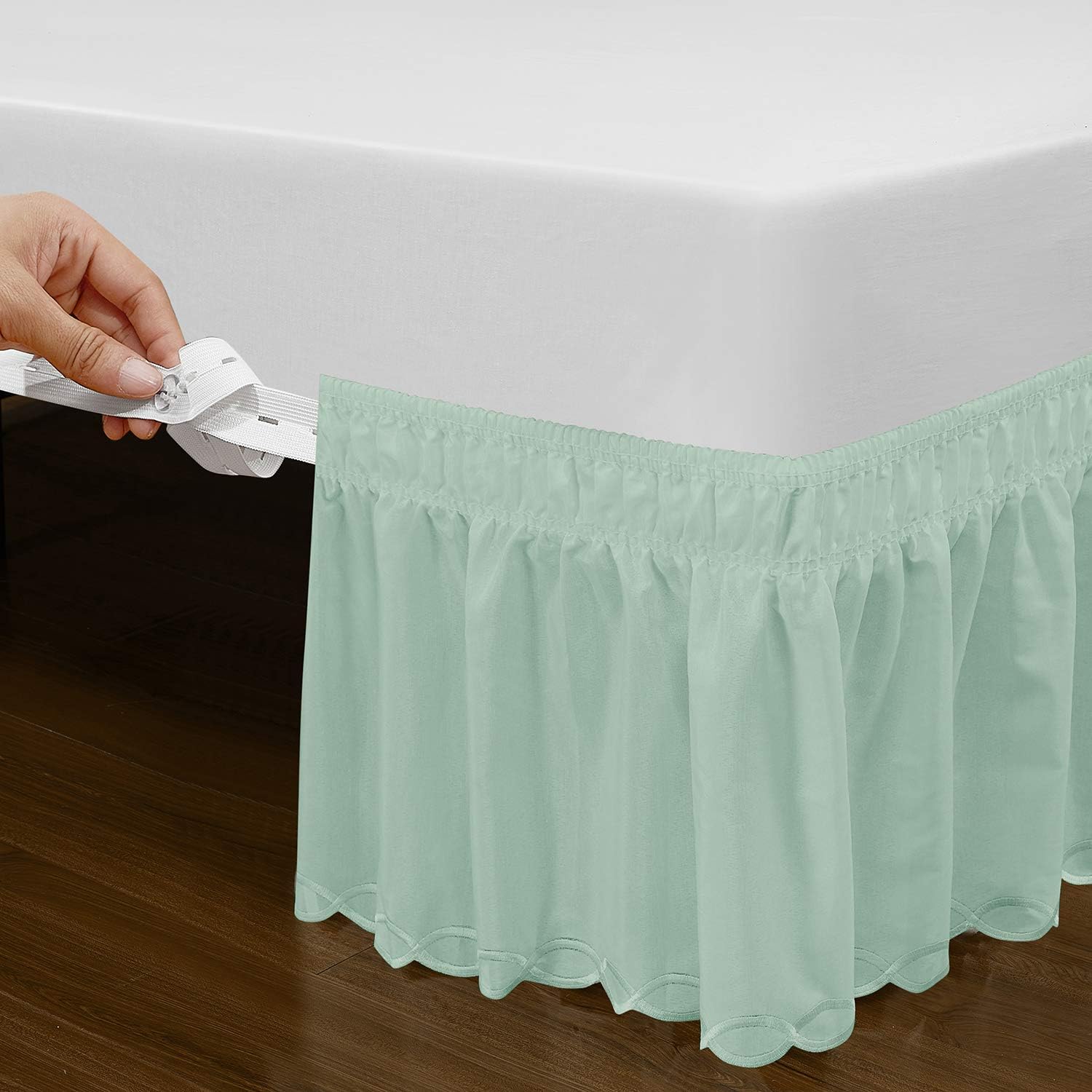 QSY Home Wrap Around Elastic Eyelet Bed Skirts Dust Ruffle Three Fabric Sides Easy On/Easy Off Adjustable Polyester Cotton 14 1/2 Inches Drop(Light Green Queen/King)