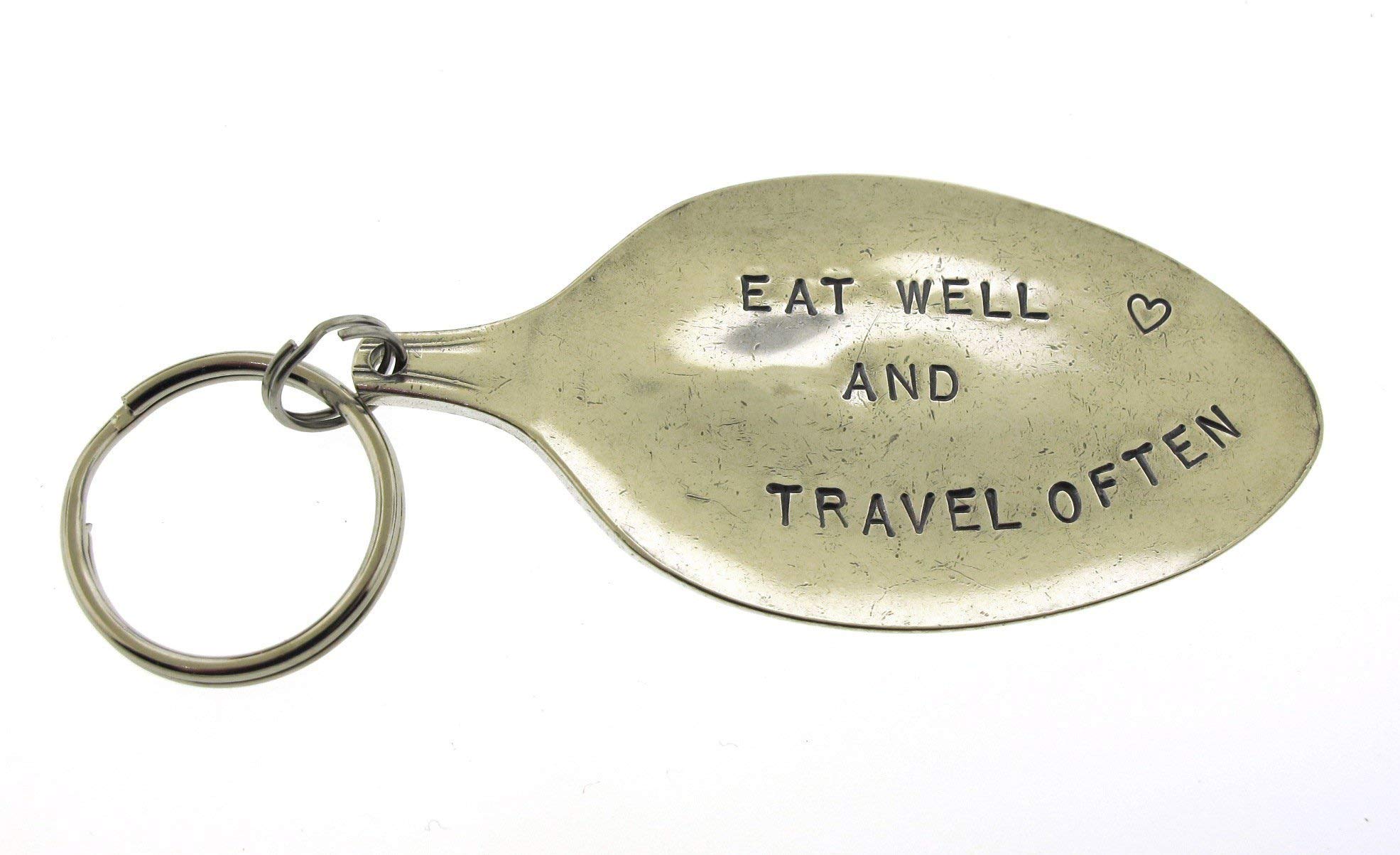 Eat Well and Travel Often, hand stamped keychain