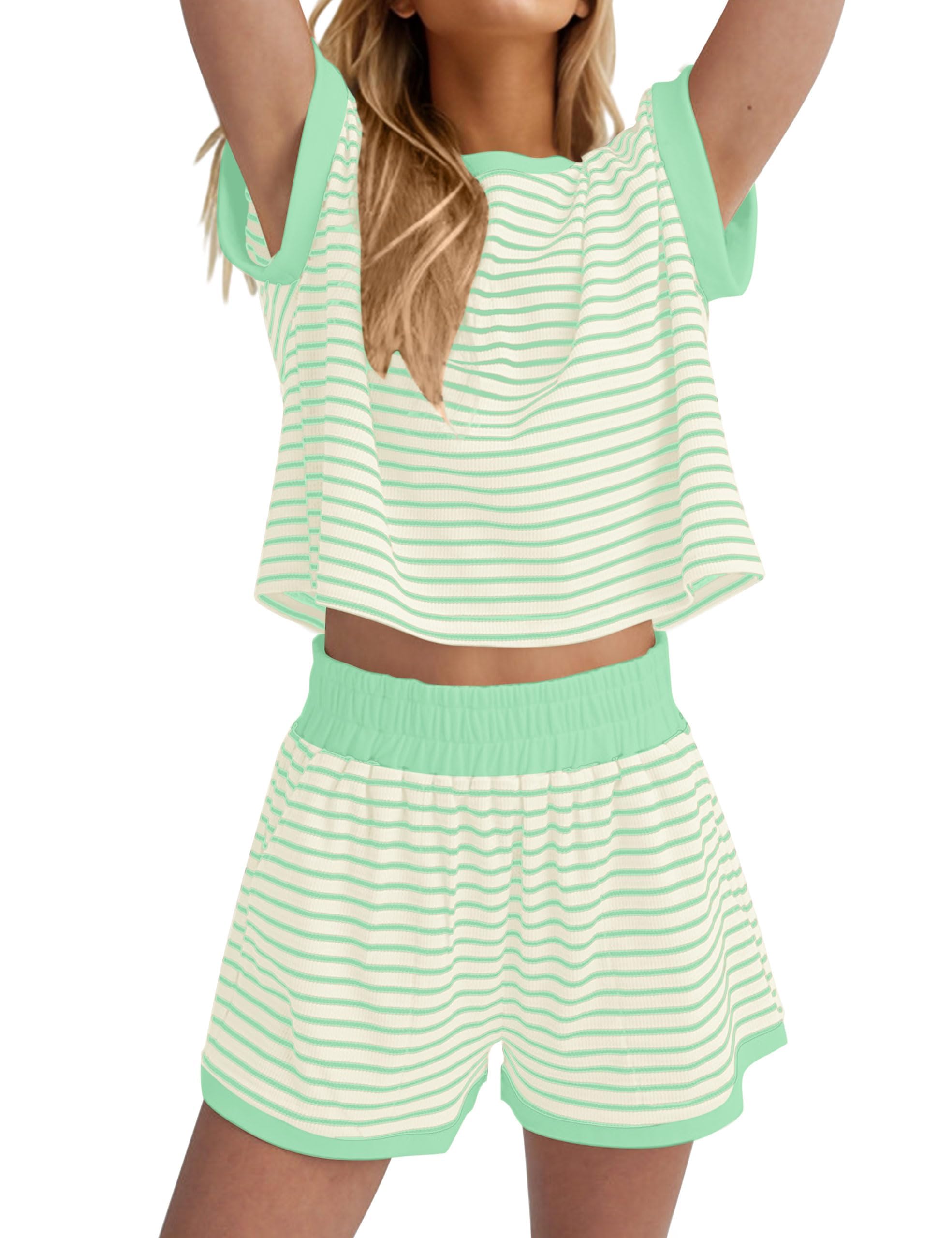Burtell Women Summer 2 Piece Lounge Sets Striped Short Sleeve Tee Shirts Mini Shorts Loungewear Shorts Set Ribbed Pajama Set