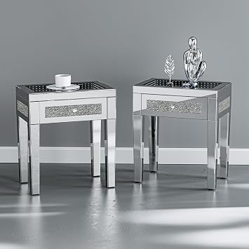 IKIFLY Set of 2 Mirrored Side Table with Drawer, Lights & Crushed Diamond
