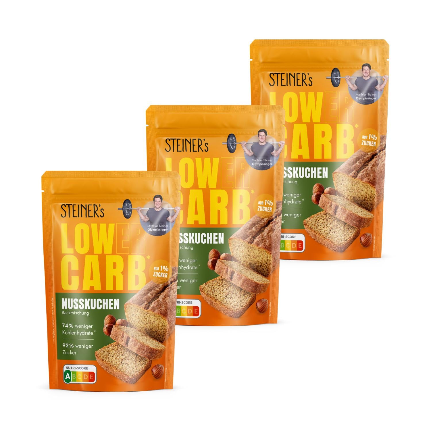 STEINER's Low Carb Nusskuchen Backmischung | 74% weniger Kohlenhydrate & 92% weniger Zucker | Nur 1,8g Netto-Carbs pro 100g | Glutenfrei | Für ketogene Ernährung geeignet | 3x 240g Packung