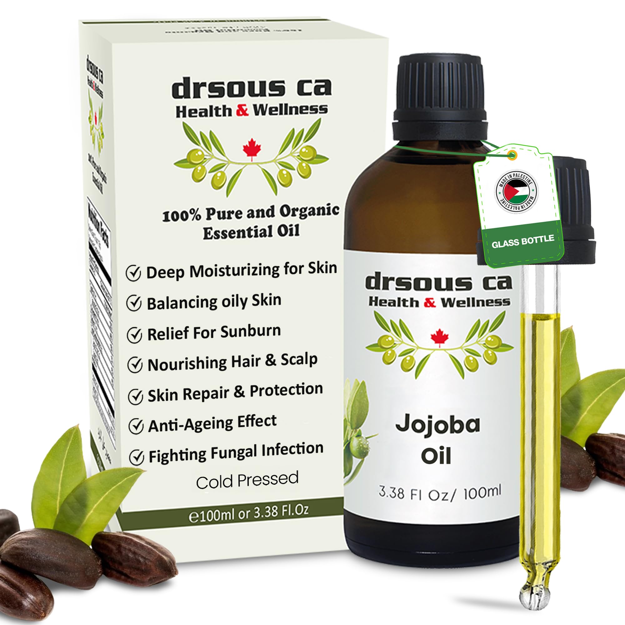 Drsous Ca Organic Jojoba Oil 100ml | 100% Cold Pressed Carrier Oil for Body Massage, Glowing Skin, Hair care and DIY Bath | Rich in Vitamins and Antioxidants | Made in Palestine