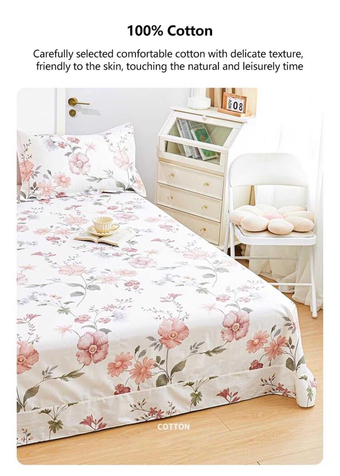 Sábana encimera Cama 90/105/135/150/160/180cm 160/200x230cm 245x245/265cm Floral de algodón 100%, sábana Plana de Sarga Transpirable y acogedora(Flower I,245x265cm+48x74cm x2)
