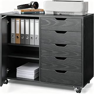 5-Drawer Wood Drawer Cabinet, Office Storage Cabinet with Adjustable Shelf & Wheels, Printer Stand for Home Office, Black, 15.7" D x 30.7" W x 25.4" H