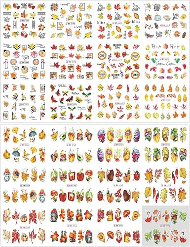 Miniatura 2 de 500 patrones de calcomanías de uñas de otoño para mujer, calcomanías de agua de dibujos animados, calabaza, hongo, hoja de arce, calcomanías de
