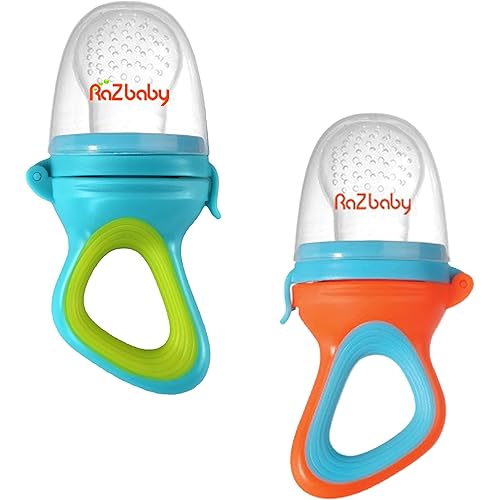 RaZbaby Baby Solids/Frozen Fruit Feeder Pacifier, Infant Teether Toy 6M+, BPA-Free Silicone Pouch & Nipple, Safely Introduce Solids, Teething Relief, Dishwasher Safe, 2-Pack – Orange/Blue + Green/Blue