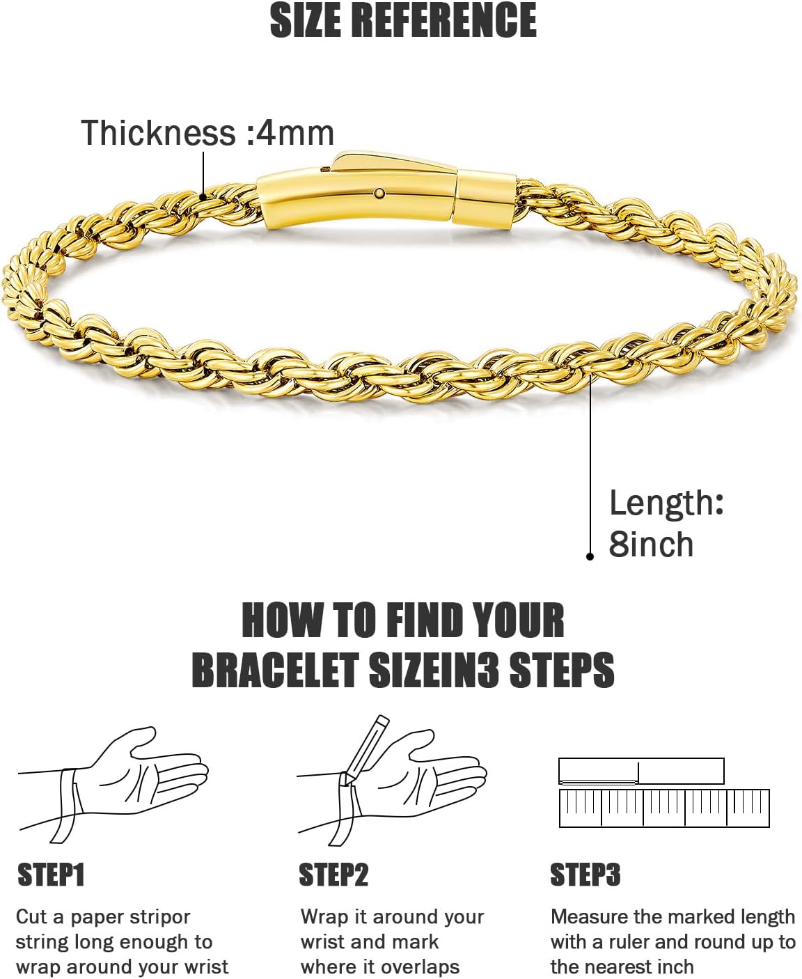 Men's 18K Gold Filled Bracelet - 8 Inch Rope Chain Bracelet with Easy-On Bayonet Clasp, Jewelry Box Included, Anniversary Birthday Gift for Men - Hypoallergenic Non-Tarnish, 4mm, Hip-Hop Accessory - Image 6