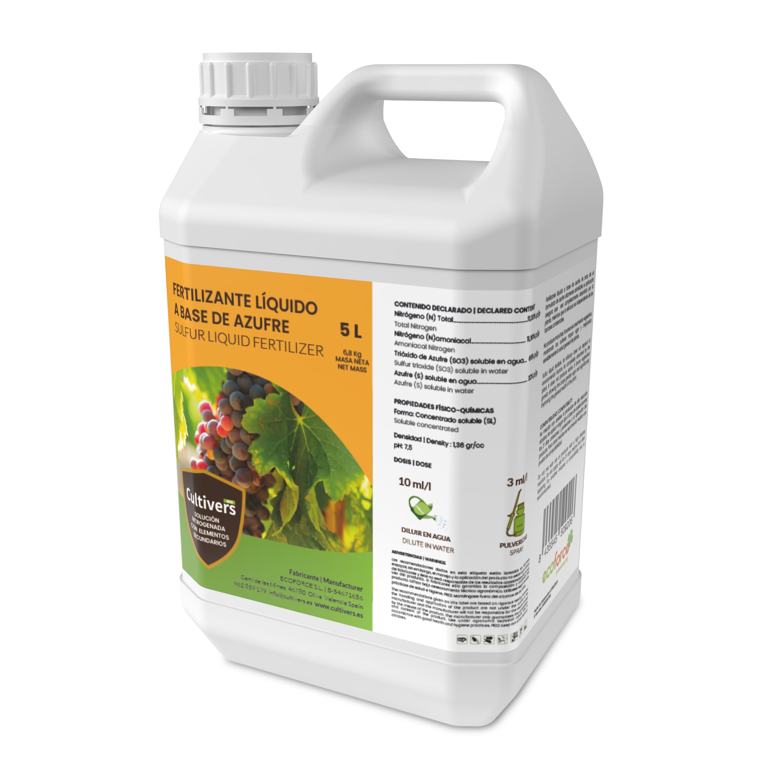 CULTIVERS Soufre Systémique 5 litres pour Plantes et Arbres, Plus Grande efficacité en préventif et curatif, Liquide Transparent ne Tache Pas Les Feuilles ni Les Fruits Force S