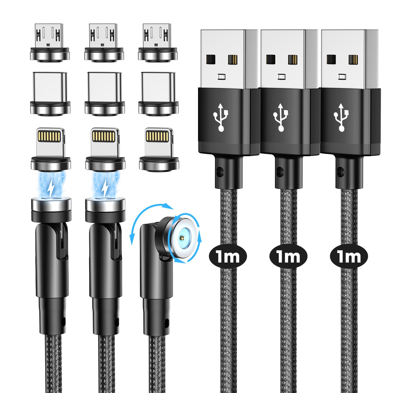 マグネット 充電ケーブル 磁気ケーブル【1M/3本セット/9個磁気端子/】360…