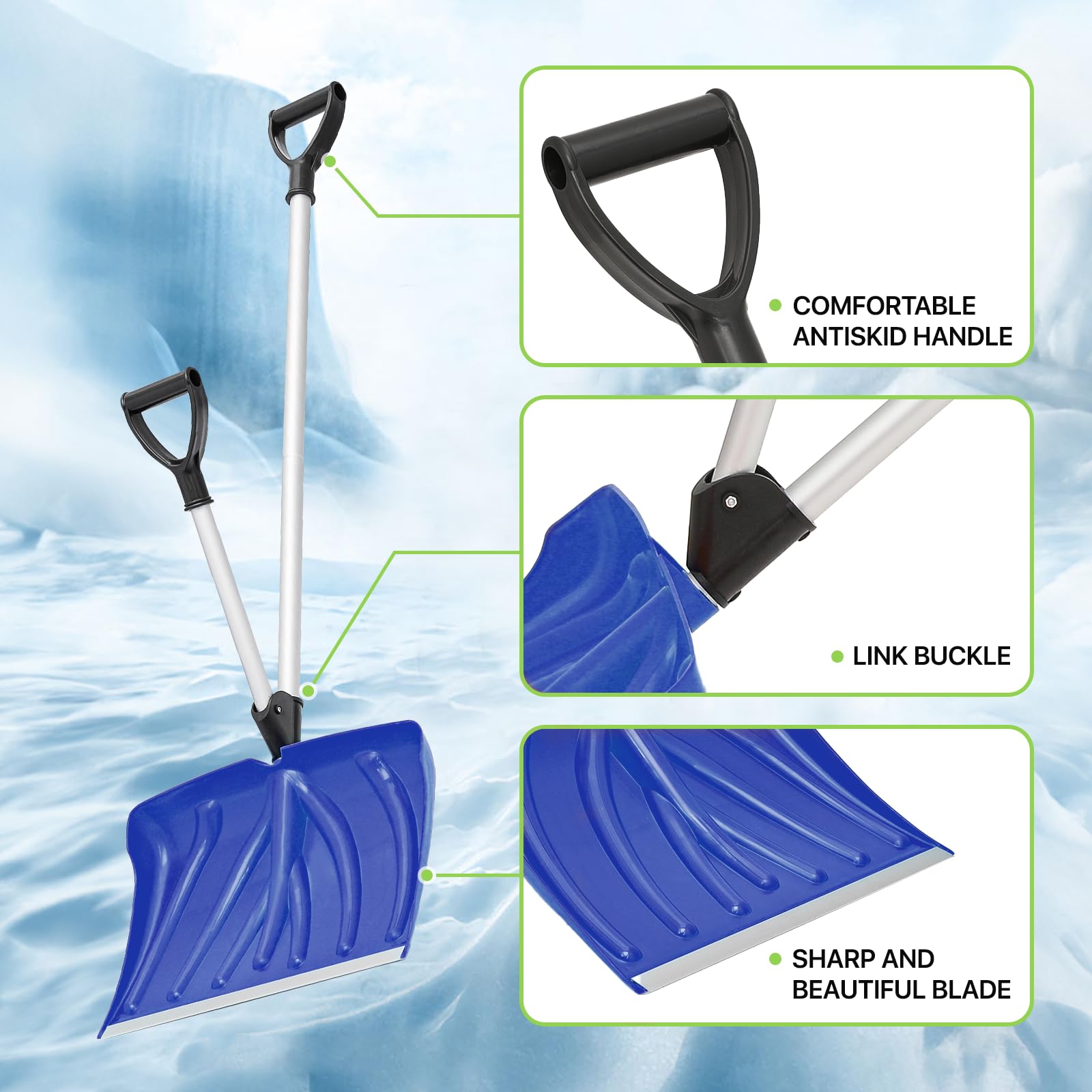 Magshion Pala da neve ergonomica da 45,7 cm con manico assistito e lama in alluminio resistente agli urti, rimozione della neve per vialetto e patio, blu