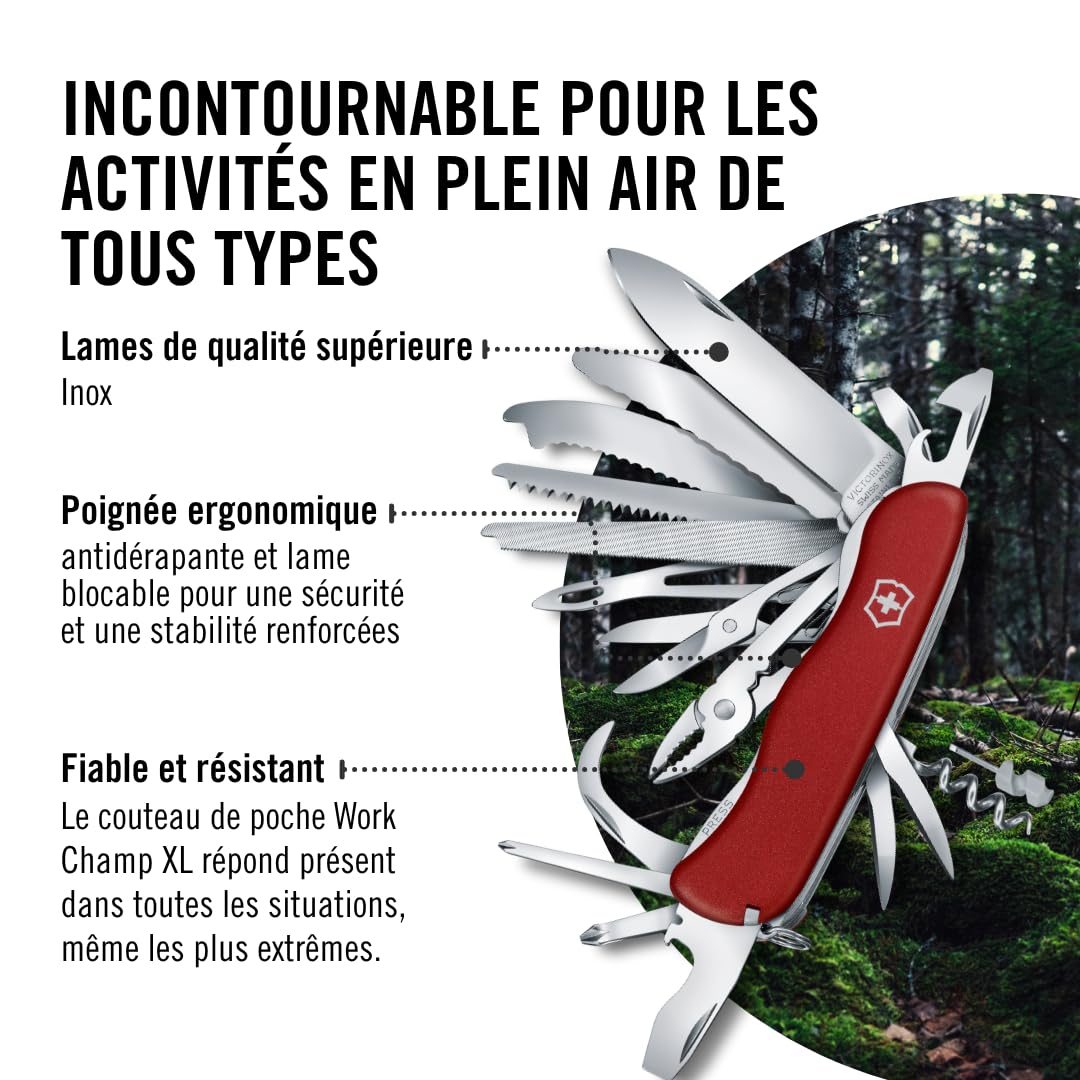 Victorinox Work Champ Couteau de Poche Suisse, Couteau Multifonction, 31 Fonctions, Grande Lame Fixe, Tire Bouchon, Rouge