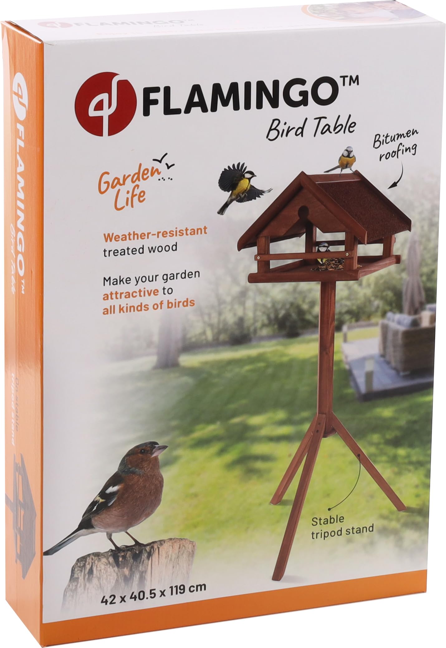 Comedero pájaros Exterior Hafnir – con Soporte de Madera – Estilo clásico con tejado bituminoso – 42x40.5x119cm