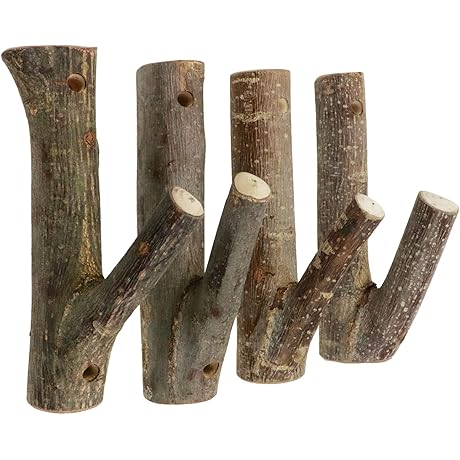 4Pcs Rustic Cabin Decor Wood Tree Branch Wall Hooks