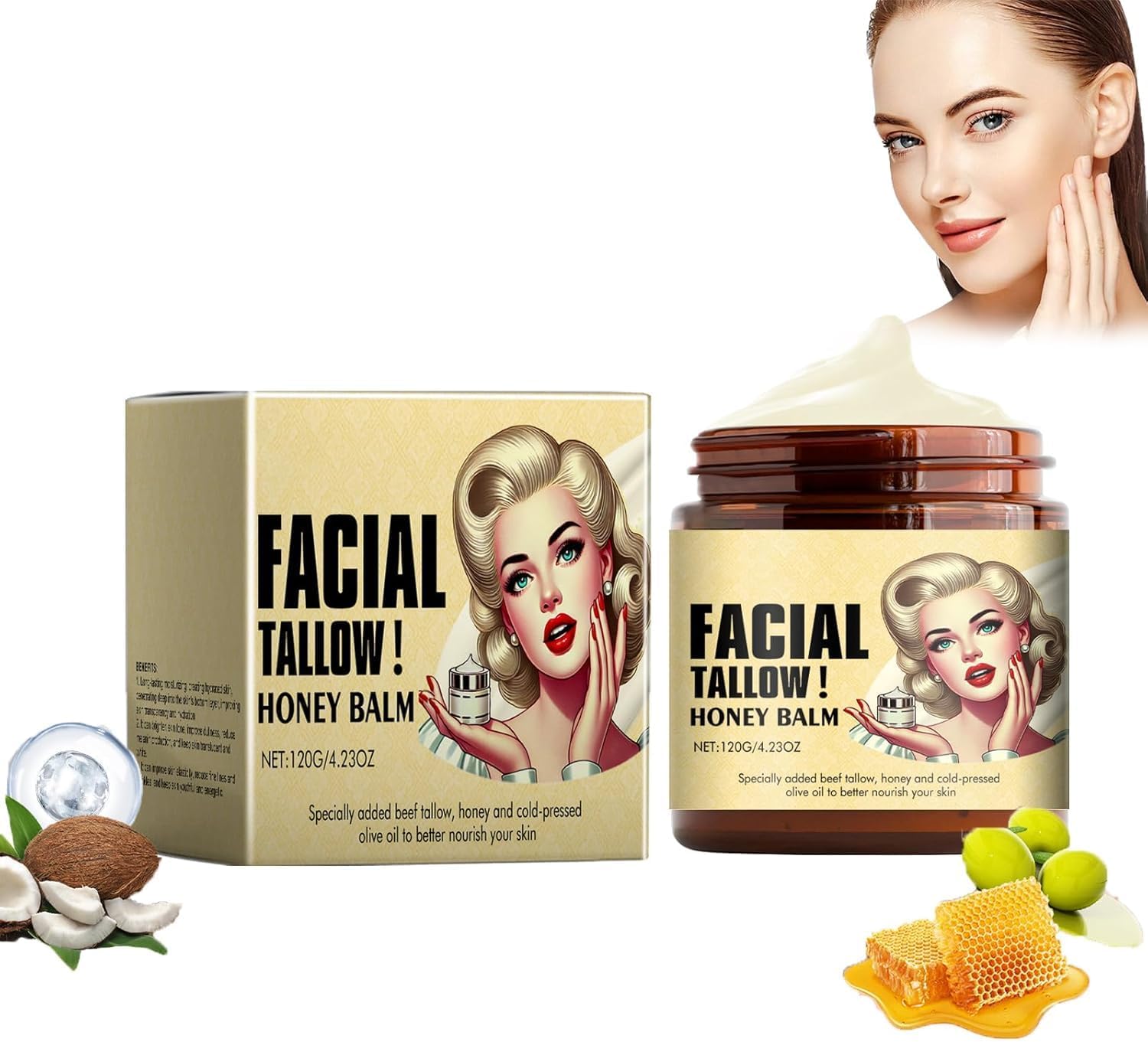 Whipped Beef Tallow and Honey Balm, Beef Tallow for Skin,Beef Tallow Honey Balm, Beef Tallow Moisturiser, Tallow Face Moisturizer, Beef Tallow and Honey Balm for Skin, Beef Tallow Skincare (3PCS)