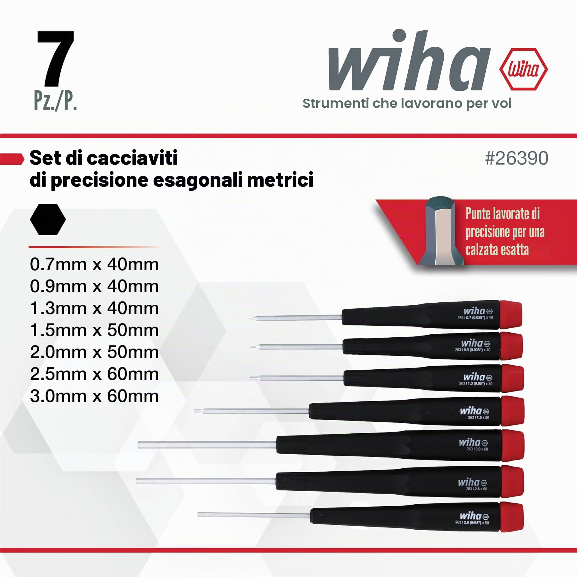 Wiha 26390, Set di cacciaviti esagonali metrici con impugnatura di precisione, da 0,7 a 3 mm, 7 pezzi