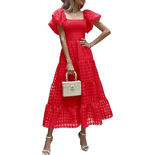 PRETTYGARDEN Women's Casual Summer Midi Dress Puffy Short Sleeve Square Neck Smocked Tiered Ruffle Dresses