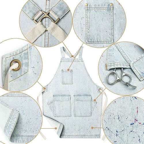 Miniatura 2 de Jeanerlor - Delantal de mezclilla de algodón con bolsillos, delantales de cocina para peluquería para mujeres y hombres, 2 tamaños, Azulclaro
