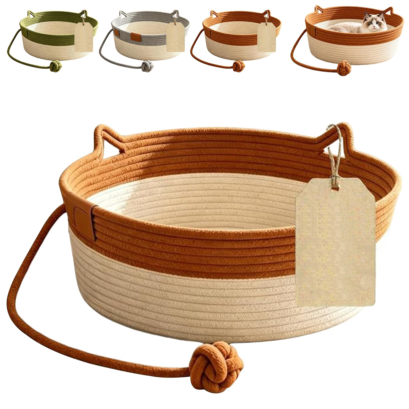 Instinct Basket Handwoven Cotton Rope Cat Bed with Hanging Ball Toy, Scratchable Breathable Cat Basket for Indoor Cats, Boho Pet Nest for Sleeping Playing & Relaxing (Brown, M)