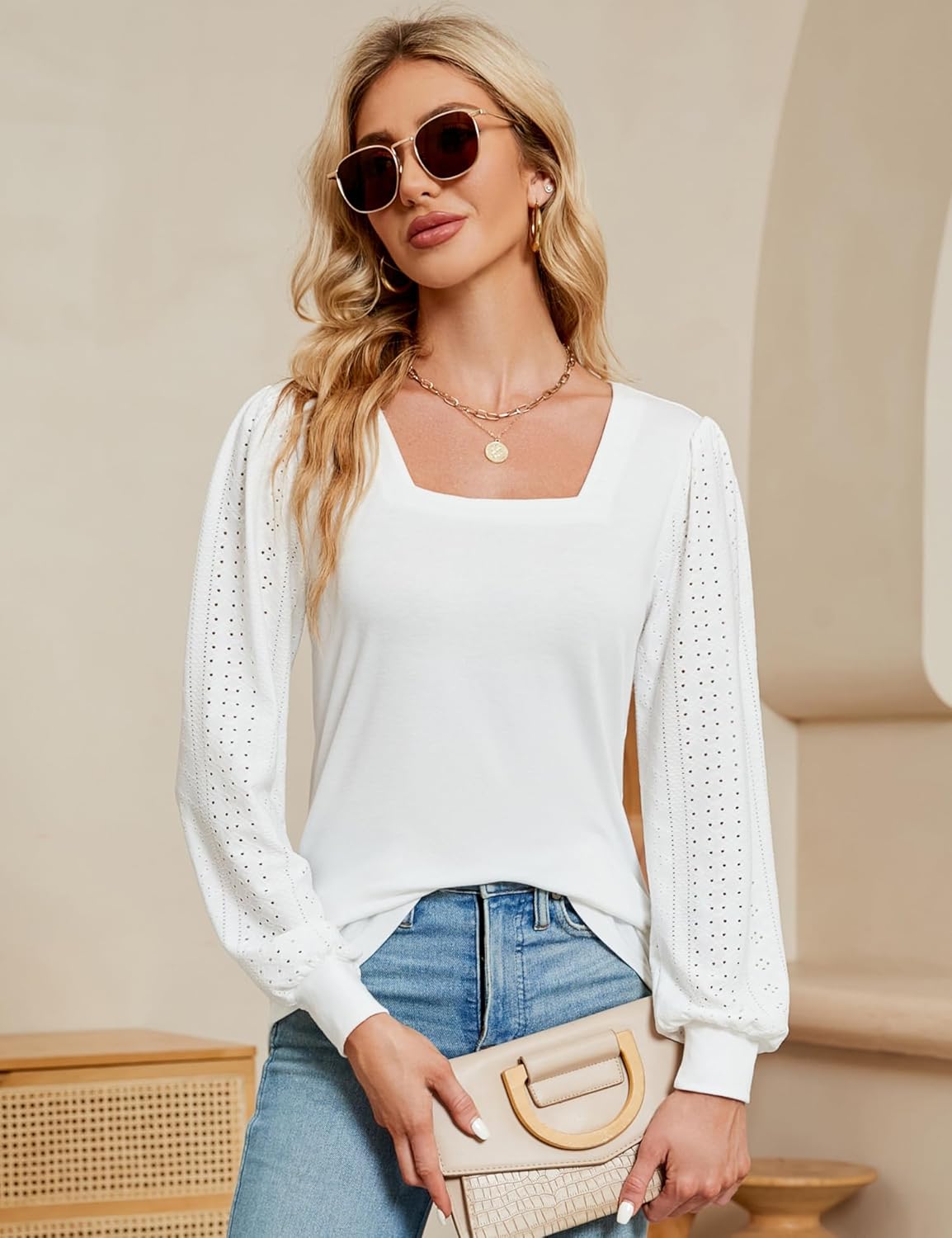 Rapbin Womens Square Neck Puff Sleeve Tops Dressy Casual Eyelet Long Sleeve Shirts Loose Trendy Blouses S-XXL - Image 4