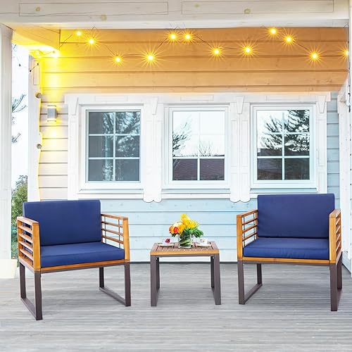 Miniatura 8 de Tangkula Juego de 3 piezas de madera de acacia para patio, juego de conversación al aire libre con sillones acolchados y mesa de centro cuadrada,