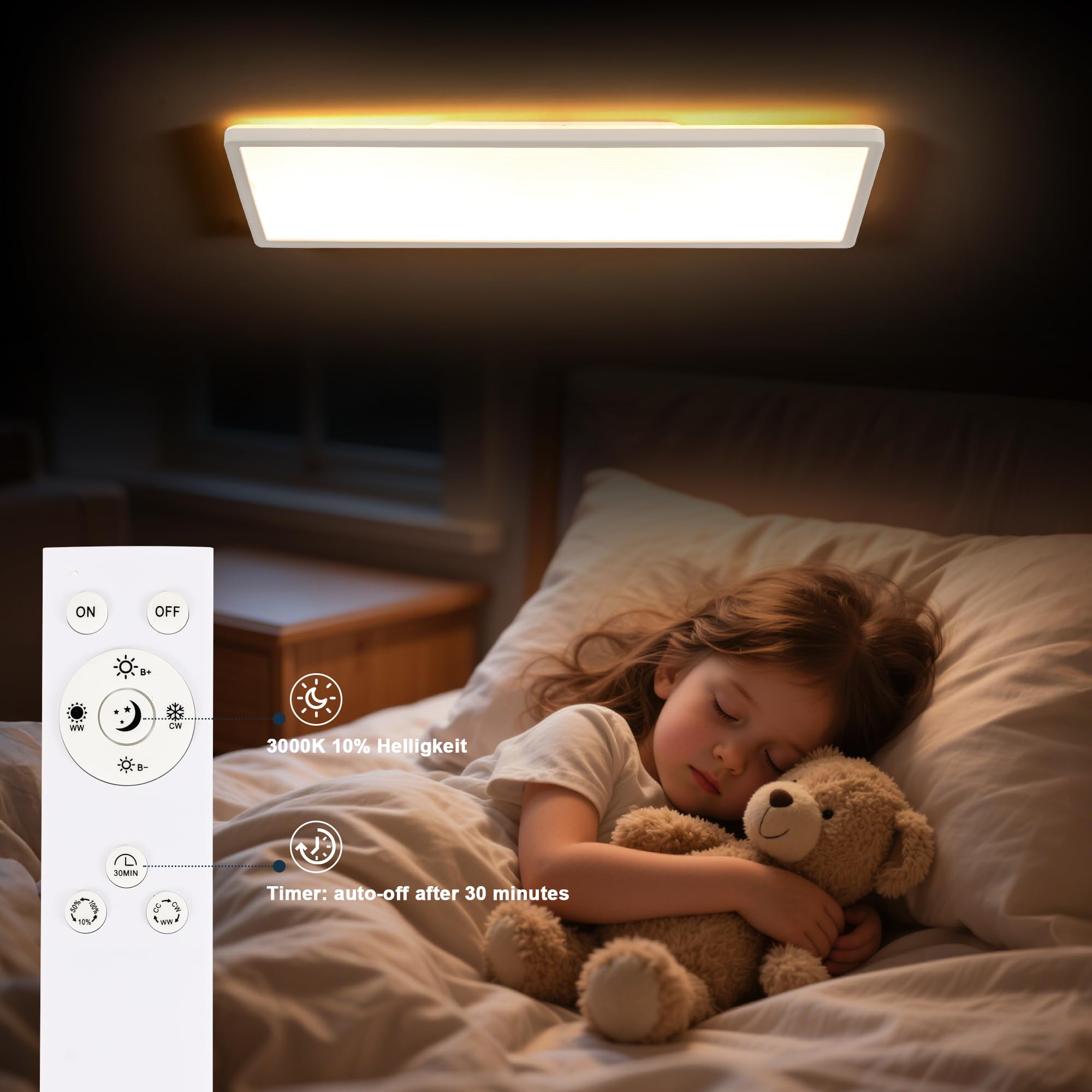 Comely LED Deckenlampe Rechteckig 24W Weiß | Dimmbar mit Fernbedienung, LED Panel Deckenleuchte, 3000K-6500K CCT, Modern Flache Deckenlampe