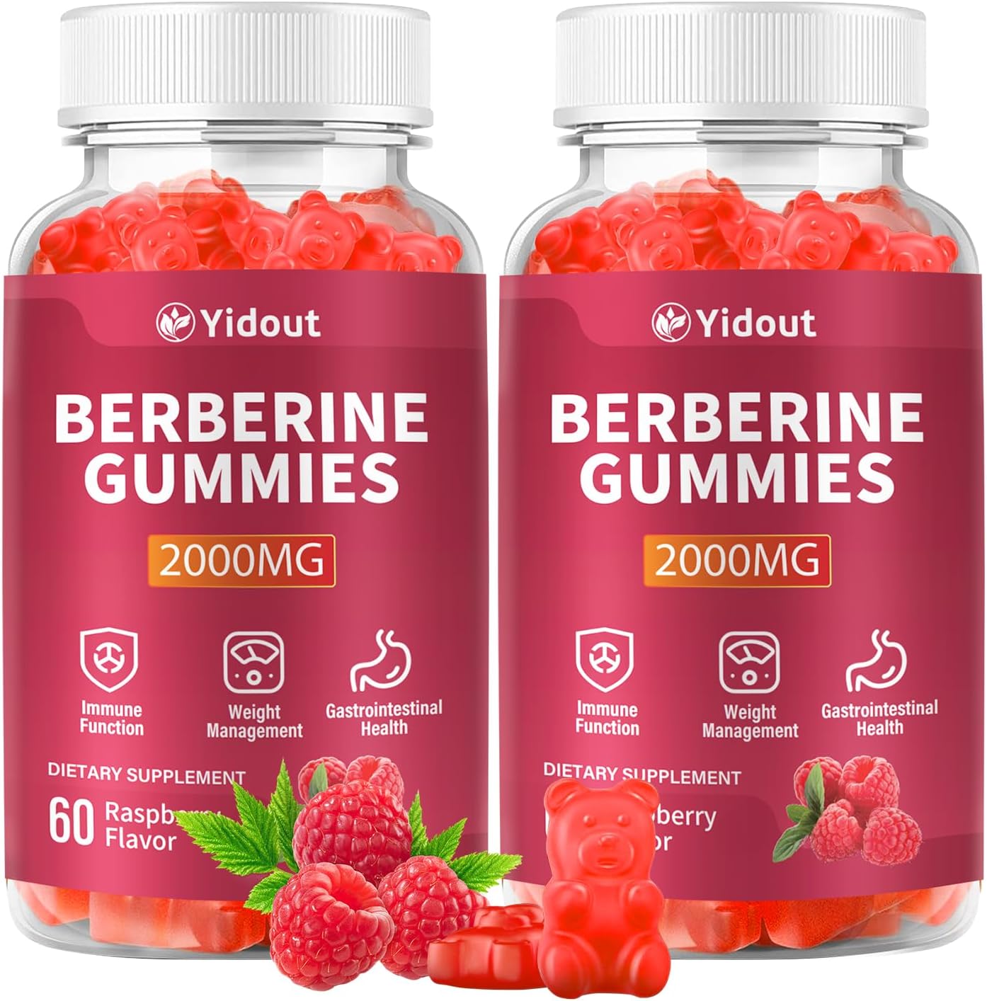 Berberine Gummies 2000mg-Natural High Potency Berberine HCL Supplement - Immune System & Metabolism Support - Vegan, Non-GMO - Delicious Raspberry Flavor (60 Count（Pack of 2）)