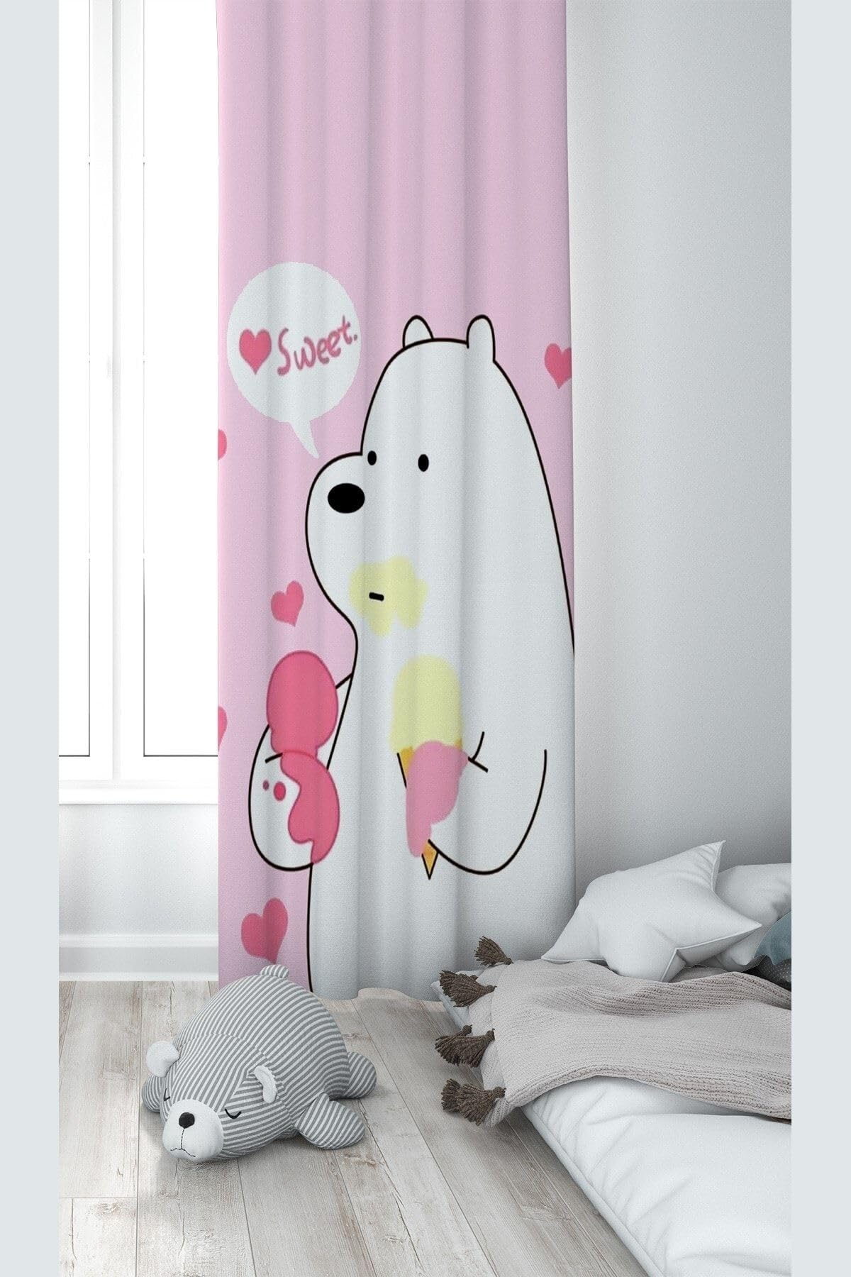 Pelangi Pembe Ayıcık Desenli Dijital Baskı Yıkanabilir Bebek Çocuk Odası Fon Perdesi, karışık renkli 140 x 200
