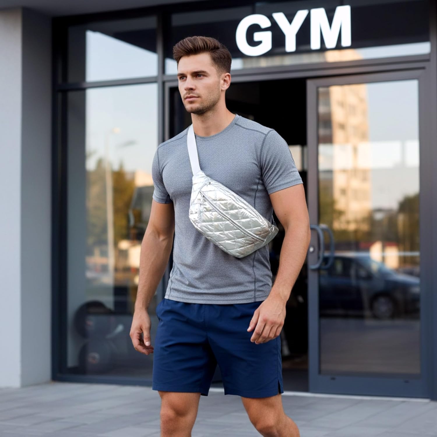TWO KAT Metallic Quilted Chest Fanny Pack Crossbody Bag with Multi Pockets & Adjustable Strap, Fashionable Men Women Sling Backpack, Casual Waist Belt bag (Silver with Teal Lining, Medium)