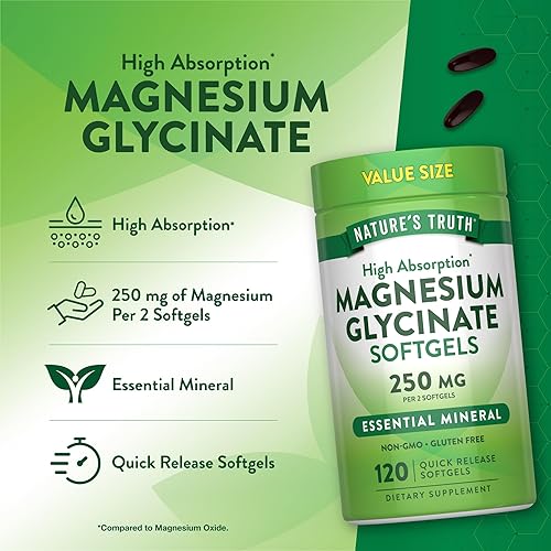 Miniatura 4 de Nature's Truth Glicinato de magnesio 250 mg | 120 cápsulas blandas | Alta absorción | Suplemento mineral sin OMG y sin gluten