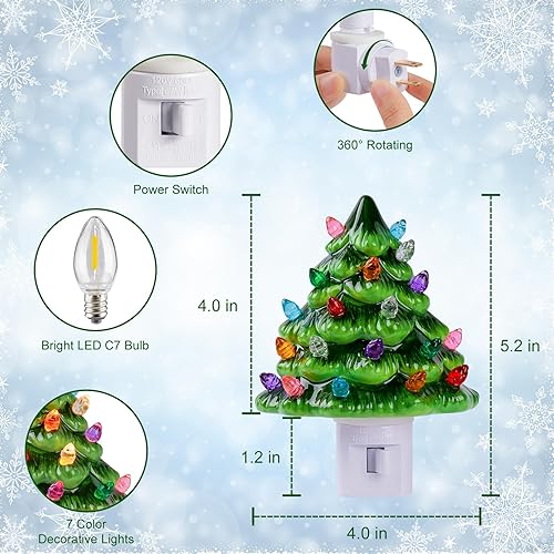 Miniatura 3 de Brightown Luz nocturna de cerámica para árbol de Navidad, paquete de 2 árboles de cerámica decorativos de 5.2 pulgadas con interruptor de