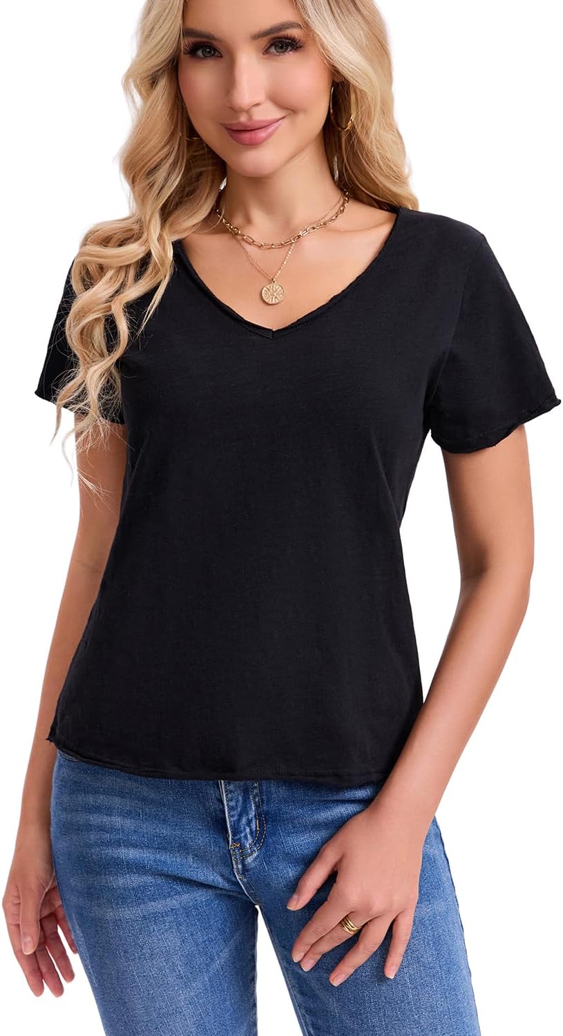 Inadays Womens Slub Cotton T Shirts Short Sleeve V-Neck Raw Hem Summer Tops Loose Fit Tee Basic Clothes Fashion Outfits - Image 3