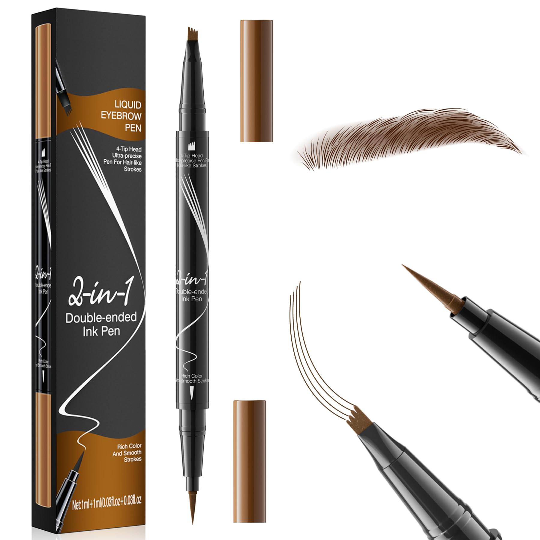 4D Microblading Brow Pen for Women & Grils, Curved Design Eyebrow Pencil with Dual-Tip Precise Fiber Brush & 4-Prong Applicator, Natural Hair-Like Strokes, Smudge-Proof, All-Day Wear (Light Brown)