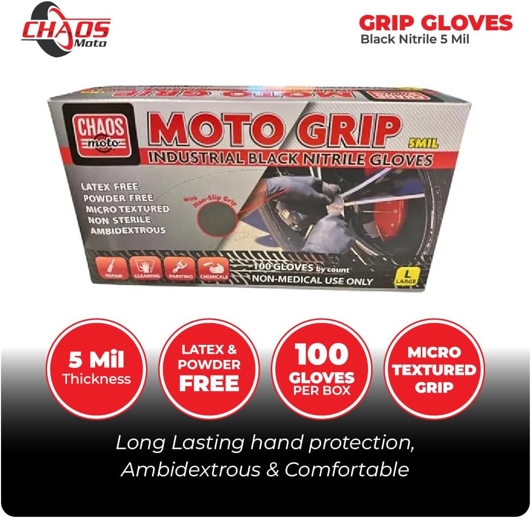 Grip Black Nitrile Gloves 5mil Latex-Free, Powder-Free, Micro-Textured for Repair, Cleaning, Painting, Chemical (1 box/100 gloves), Large