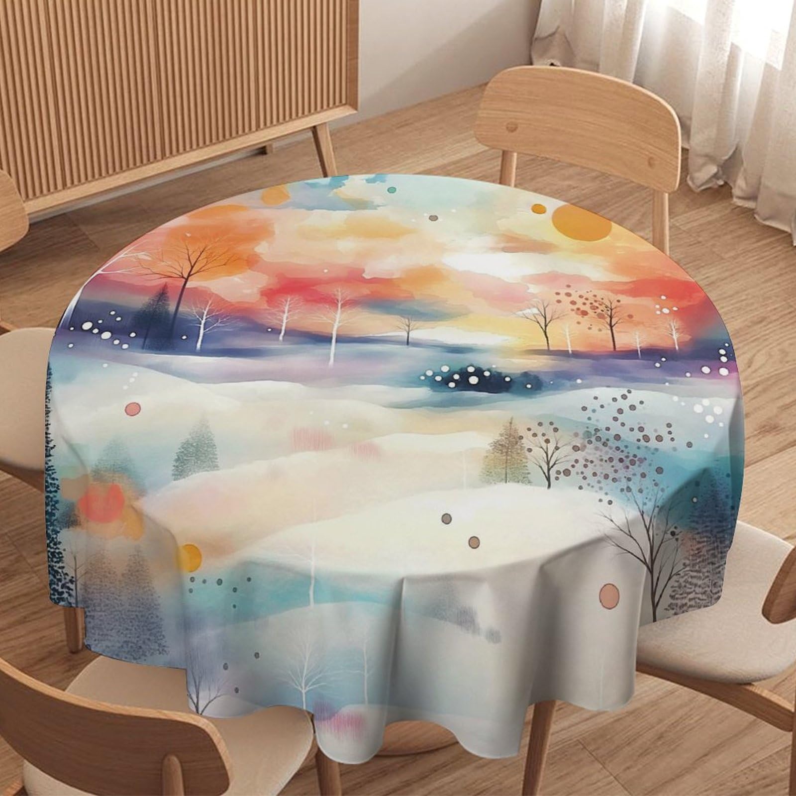 ORDOBO Round Table Cover -Winter Scenery 3D Print Waterproof Protect Table Cover Fashion Countertop Decoration For Kitchen Home Dinner 152X152Cm